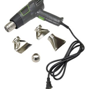 The Vestil Electric Shrink Wrap Heat Gun, with a black and green look, includes four metal nozzles and a flexible 60-inch power cord, all displayed on a white background.