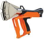 This tool resembles the Vestil Deluxe Propane Shrink Wrap Heat Gun with its staple gun-like design, orange and black handle, metallic front section, and triangular nozzle opening, perfect for efficient material handling or dispensing.