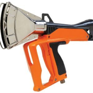 This tool resembles the Vestil Deluxe Propane Shrink Wrap Heat Gun with its staple gun-like design, orange and black handle, metallic front section, and triangular nozzle opening, perfect for efficient material handling or dispensing.