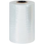 A large roll of MH-USA 14 x 60 Gauge x 4375 Polyolefin Shrink Film (1 Roll/Case) stands upright against a white background, its glossy surface with a black inner core reflecting light and shadow variations.
