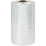 An upright large roll of MH-USA 18 x 60 Gauge x 4375 Polyolefin Shrink Film (1 Roll/Case) is shiny, transparent, and tightly wound around a cardboard core, showcasing a smooth, reflective look.
