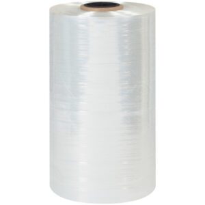 An upright large roll of MH-USA 18 x 60 Gauge x 4375 Polyolefin Shrink Film (1 Roll/Case) is shiny, transparent, and tightly wound around a cardboard core, showcasing a smooth, reflective look.