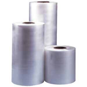 Against a plain white backdrop, three rolls of clear plastic wrap, varying in height and width, stand upright with smooth, glossy surfaces. The standout is the premium MH-USA 20 x 100 Gauge x 2625 Polyolefin Shrink Film (1 Roll/Case), known for its quality and reliability.