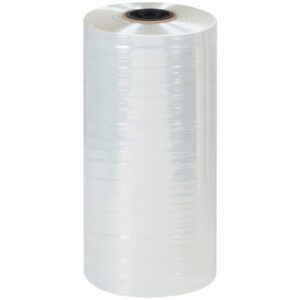 The MH-USA 20 x 75 Gauge x 3500 Polyolefin Shrink Film roll is upright against a white background, showcasing its transparent, glossy material tightly wound on a cylindrical core for your packaging needs.