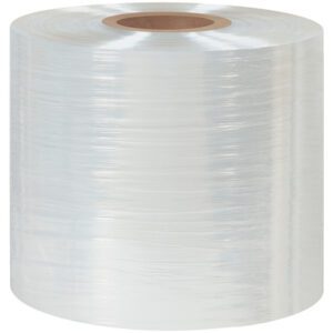 The MH-USA 8 x 60 Gauge x 4375 Polyolefin Shrink Film (1 Roll/Case) offers a transparent wrap with a visible brown core, tightly wound for premium durability and performance.