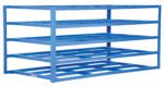 The Vestil Horizontal Sheet Rack 5-Shelf 2K Lb Cap has a blue, multi-tiered design with open sides. It efficiently organizes items on five shelves with grid-like bases for visibility and airflow, supporting a total capacity of 2,000 lbs.