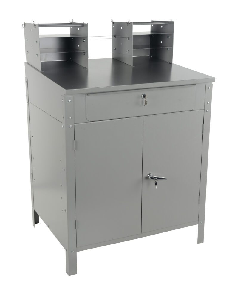The Vestil Shop Desk Cabinet Style 49 In Height features a sleek gray metal design with a lockable drawer, two bottom doors, and two vertical shelves with horizontal dividers for optimal organization.
