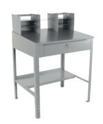 The Vestil Shop Desk Open Style, at 54.75 inches high, boasts a sleek gray metal design with a lockable drawer, two upright rear shelves, a flat top workspace, and a lower shelf for extra storage.