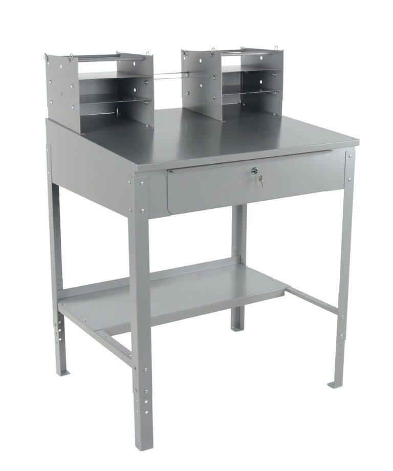 SHOP-DO_A.jpg The Vestil Shop Desk Open Style, at 54.75 inches high, boasts a sleek gray metal design with a lockable drawer, two upright rear shelves, a flat top workspace, and a lower shelf for extra storage.