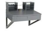 The Vestil Shop Desk Wall Mounted features a sleek gray metal design, two shelves for document organization, and a lockable drawer with key for secure storage. Its 19.5 height offers convenience and style in any workspace.