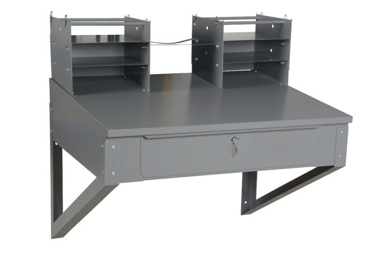 SHOP-DW_A.jpg The Vestil Shop Desk Wall Mounted features a sleek gray metal design, two shelves for document organization, and a lockable drawer with key for secure storage. Its 19.5 height offers convenience and style in any workspace.