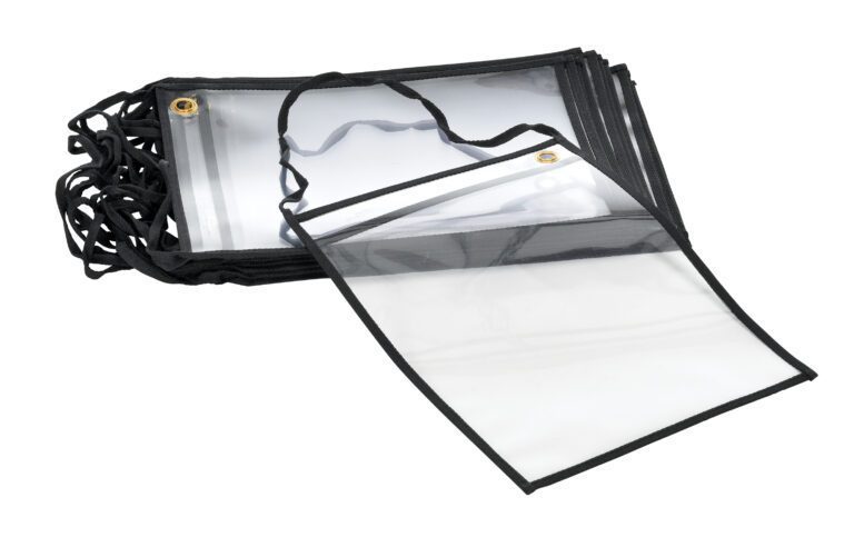 SHOPT-HS_A.jpg A stack of transparent Vestil Hanging Strap Shop Ticket Holders with black borders and neck lanyards is displayed. One holder is open, fully revealing its front pocket.