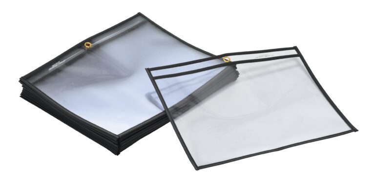SHOPT-S_A.jpg A stack of Vestil Side-Hanging Eyelet Shop Ticket Holders with black borders and top corner metal grommets sits beside an identical pouch. These clear, flexible plastic holders have slightly curved edges and seem empty.