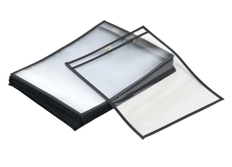 SHOPT-T_A.jpg A stack of transparent, flexible Vestil Top-Hanging Eyelet Shop Ticket Holders with black borders and reinforced holes is perfect for hanging or binding. One sleeve is partially open on top, all neatly arranged on a white surface.