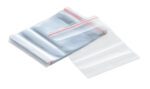 A stack of Vestil Zip Seal Shop Ticket Holders, featuring transparent resealable bags with red zippers, is neatly arranged against a white background, with one bag lying flat while the others are stacked.