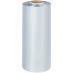 The MH-USA 20 x 100 Gauge x 1500 Shrink Tubing stands upright as a large roll of shiny, transparent plastic film. Its tightly wound around a cardboard core, reflecting light on its cylindrical surface while appearing lightweight yet sturdy.