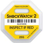 Yellow and white octagonal 25G Shockwatch® 2 Indicator, patent #8,234,994, features Inspect if Red text and barcode A123456. Includes a website URL at the bottom right. Available in cases of 50 for your convenience.