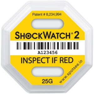Yellow and white octagonal 25G Shockwatch® 2 Indicator, patent #8,234,994, features Inspect if Red text and barcode A123456. Includes a website URL at the bottom right. Available in cases of 50 for your convenience.