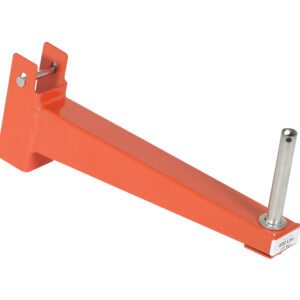 The Vestil Standard Cantilever Incline Arm 12 In features an orange wall-mounted bracket with a cylindrical metallic rod, expertly designed to securely support or hold objects.