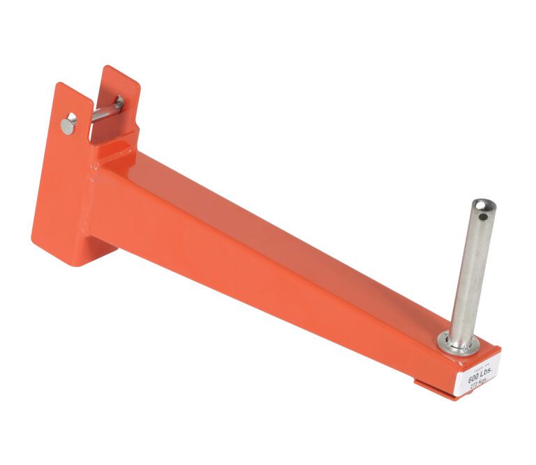 The Vestil Standard Cantilever Incline Arm 12 In features an orange wall-mounted bracket with a cylindrical metallic rod, expertly designed to securely support or hold objects.