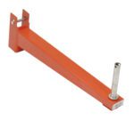 A right-angled, orange metal mounting bracket, similar to the Vestil Standard Cantilever Incline Arm 24 In, has a cylindrical attachment on one end and a flat base with a fastening hole on the other.