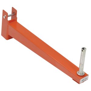 A right-angled, orange metal mounting bracket, similar to the Vestil Standard Cantilever Incline Arm 24 In, has a cylindrical attachment on one end and a flat base with a fastening hole on the other.