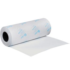 A partially unrolled 18 x 200 yds. Silver Saver® paper roll reveals smooth texture, white surface with blue text, and black core.