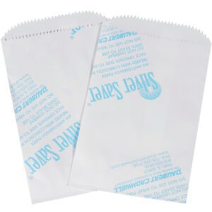Two partially overlapping white Super Saver paper bags with blue text and design have a serrated top edge similar to the 3 x 5 Silver Saver® Bags (250/Case), both ideal for snacks or sandwiches.