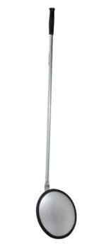 A long-handled metal spatula with a black rubber grip and large, round flat base shares the sturdy design of the Vestil Convex Inspection Mirror 8 Ft Distance. Ideal for kitchen tasks such as stirring or frying, its silver handle and white base offer both style and efficiency.