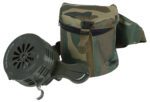 The Vestil Siren - Hand Crank - Plastic-Army Green comes with a camouflage-patterned carrying case, featuring a grated front on the siren and a zipped closure with an adjustable strap on the case for easy portability.