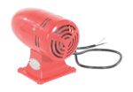 The Vestil Warning Siren - Steel - Red boasts a striking red, elongated steel design with a sturdy base. Its vented front and exposed wires enhance its industrial charm. Compact for mounting, it includes a metal plate for secure installation.