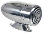 A sleek, silver metallic air horn with a perforated grille sits mounted on a base. Reminiscent of the Vestil Warning Siren - Steel - Silver, its cylindrical design and steel construction elegantly reflect light across the smooth surface.