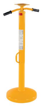 The Vestil Economy Stabilizing Jack 5K-2 Handles has a yellow hydraulic design with black handles, ideal for lifting vehicles or heavy objects. It features a round base for stability, a precise square lifting plate on top, and an instruction label clearly visible on the side.