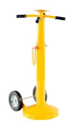 The Vestil Economy Stabilizing Jack 5K W/2 Wheels features a yellow hydraulic design with a tall column, black handles, and two wheels for easy mobility. It includes a metal chain and flat top platform for efficient lifting, ensuring robust reliability.