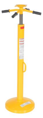 The Vestil Economy Round Base Stabilizing Jack 5K, featuring a yellow tall screw jack and black T-shaped handle, is designed for vehicle stability during maintenance. It includes a rotating mechanism, carrying handle, and safety labels for secure operations.