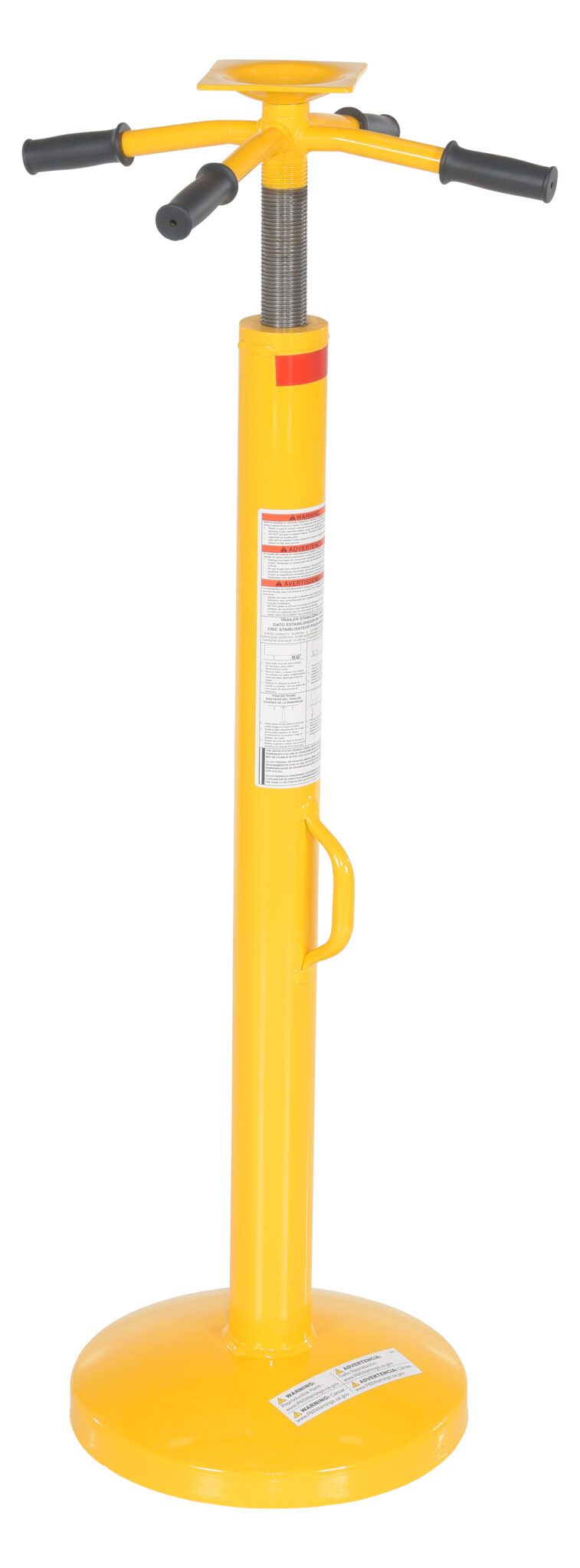 The Vestil Economy Round Base Stabilizing Jack 5K, featuring a yellow tall screw jack and black T-shaped handle, is designed for vehicle stability during maintenance. It includes a rotating mechanism, carrying handle, and safety labels for secure operations.