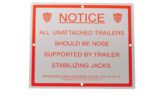 The Vestil Stabilizing Trailer Instruction Sign has red text on a white background with a red border, advising: All unattached trailers should be nose supported by trailer stabilizing jacks. It cites OSHA standard 29 CFR 1910.178 (k) (3).
