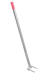 A metal soil probe features a long cylindrical handle with a thin, forked end resembling the sturdy Vestil Pallet Buster W/ 41-1/2 In Bar Length. The red-capped handle is ideal for taking soil samples and is positioned diagonally on a plain white background.