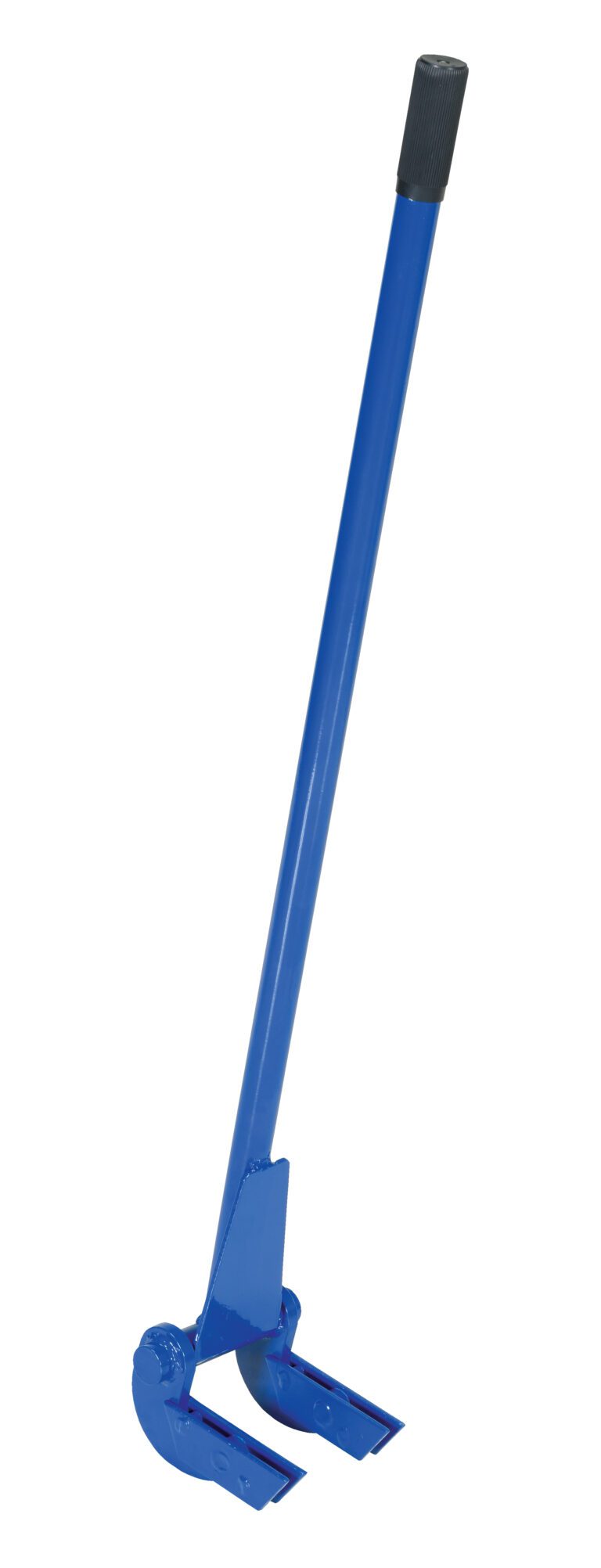 The blue handheld tool, similar to the Vestil Deluxe Pallet Buster W/41 In Handle, features a 41-inch reach and curved hook, perfect for lifting manhole covers.