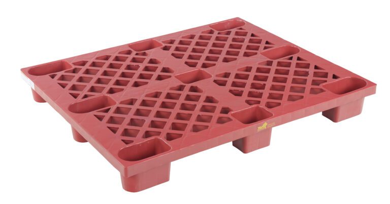 The Vestil Red Plastic Nestable Skid 3.3K has a grid-pattern surface and raised edges, ideal for stacking and transporting goods. Its multiple legs provide stability, and it remains clean and unused, ensuring consistent reliability.