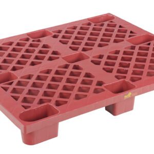The Vestil Red Plastic Nestable Skid 3.3K has a grid-pattern surface and raised edges, ideal for stacking and transporting goods. Its multiple legs provide stability, and it remains clean and unused, ensuring consistent reliability.