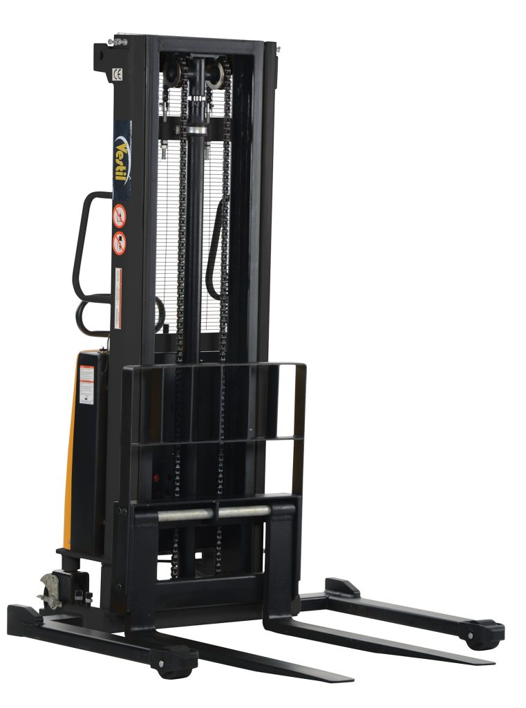SL-118-AA_A.jpg The Vestil Adjustable Stacker W/Powered Lift 118 In features a bold black and yellow design with dual lifting forks, a protective metal frame, and operational controls, along with essential safety warning stickers for secure handling.