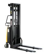 The Vestil Fixed Stacker W/Powered Lift 118 In is a black and yellow stacker with twin forward forks, a vertical mast, and hand-operated controls, ideal for lifting and moving pallets in warehouses or storage areas.