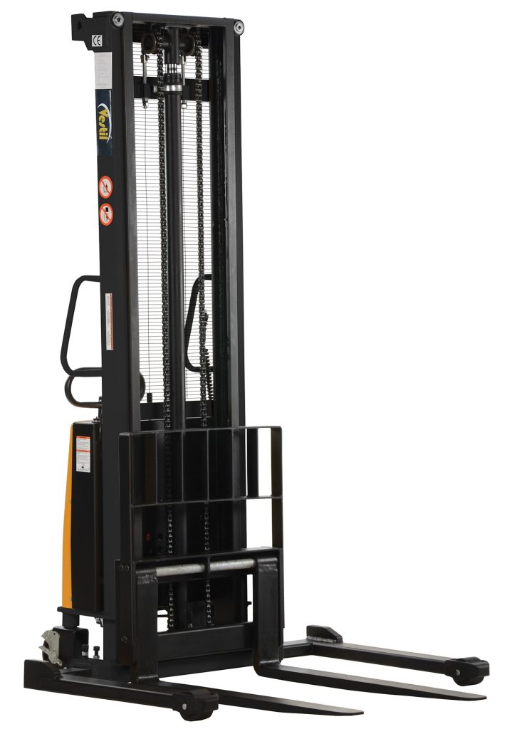 SL-150-AA_A.jpg The Vestil Adjustable Stacker W/Powered Lift 150 In is a black stacker with two prongs, a powered lift, vertical mast with chains and gears, side hand controls, caution labels, and an industrial design.