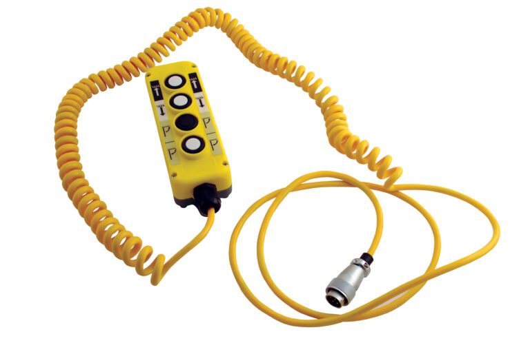 The Vestil Power Lift Option Hand Control is a yellow remote featuring a coiled cable with a metallic connector and sturdy plastic housing. It includes four black buttons labeled with arrows and letters.