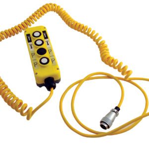 The Vestil Power Lift Option Hand Control is a yellow remote featuring a coiled cable with a metallic connector and sturdy plastic housing. It includes four black buttons labeled with arrows and letters.