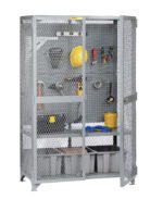 The Little Giant Tool Storage Locker with Pegboard or Louvered Panel showcases organized contents: a yellow hard hat, neatly arranged tools, coiled cables, and storage bins on the bottom shelf, all enclosed in a sturdy metal mesh frame.