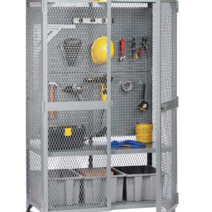 The Little Giant Tool Storage Locker with Pegboard or Louvered Panel showcases organized contents: a yellow hard hat, neatly arranged tools, coiled cables, and storage bins on the bottom shelf, all enclosed in a sturdy metal mesh frame.