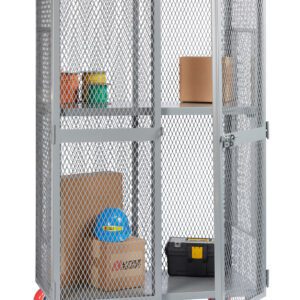 A gray Little Giant All-Welded Mobile Storage Locker with mesh doors is partially open, showing boxes and containers on the shelf above a black toolbox and larger cardboard boxes. Stylish red wheels add color.