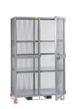 The Little Giant Forkliftable Mobile Storage Locker - 81H features a tall gray metal design with mesh walls, a padlock-secured hinged door, and red caster wheels for easy mobility, along with multiple interior shelves for optimal organization.